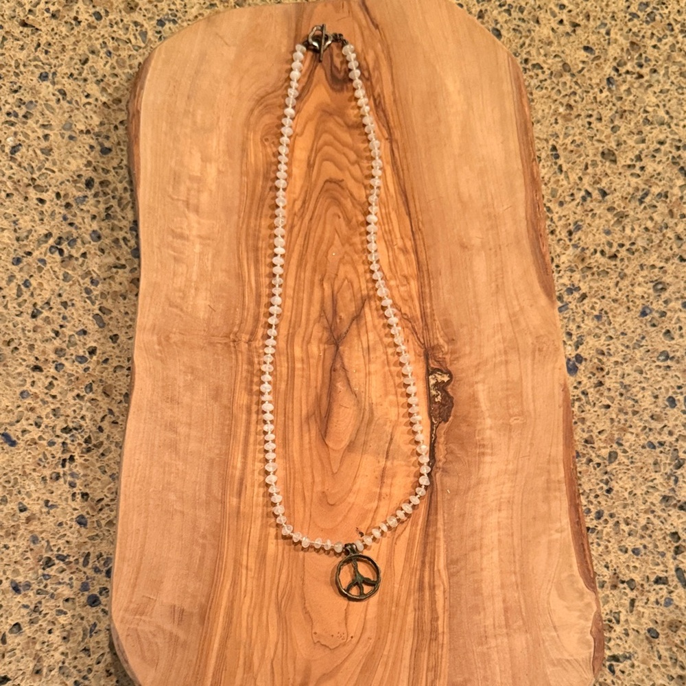 Delicate White Beaded Necklace with Peace Pendant boho